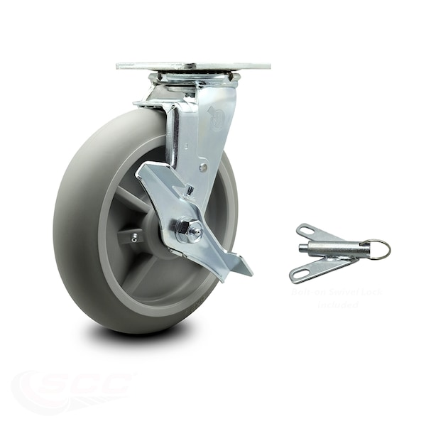 Service Caster 8 Inch Thermoplastic Rubber Caster with Roller Bearing and Brake/Swivel Lock SCC SCC-30CS820-TPRRD-TLB-BSL - main